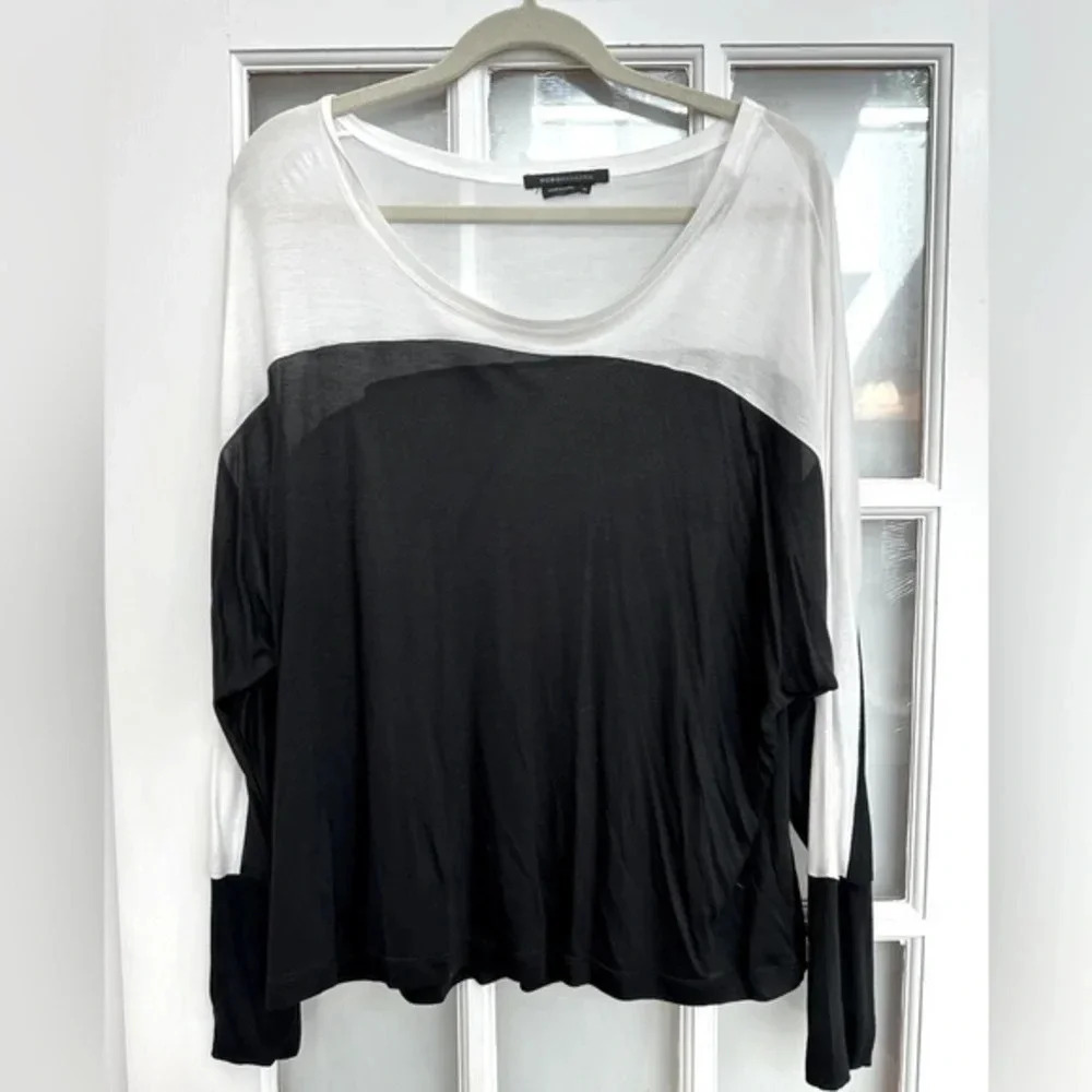 BCBGMAXAZRIA Black & White Lightweight Semi Sheer Long Sleeve Blouse Size XL
